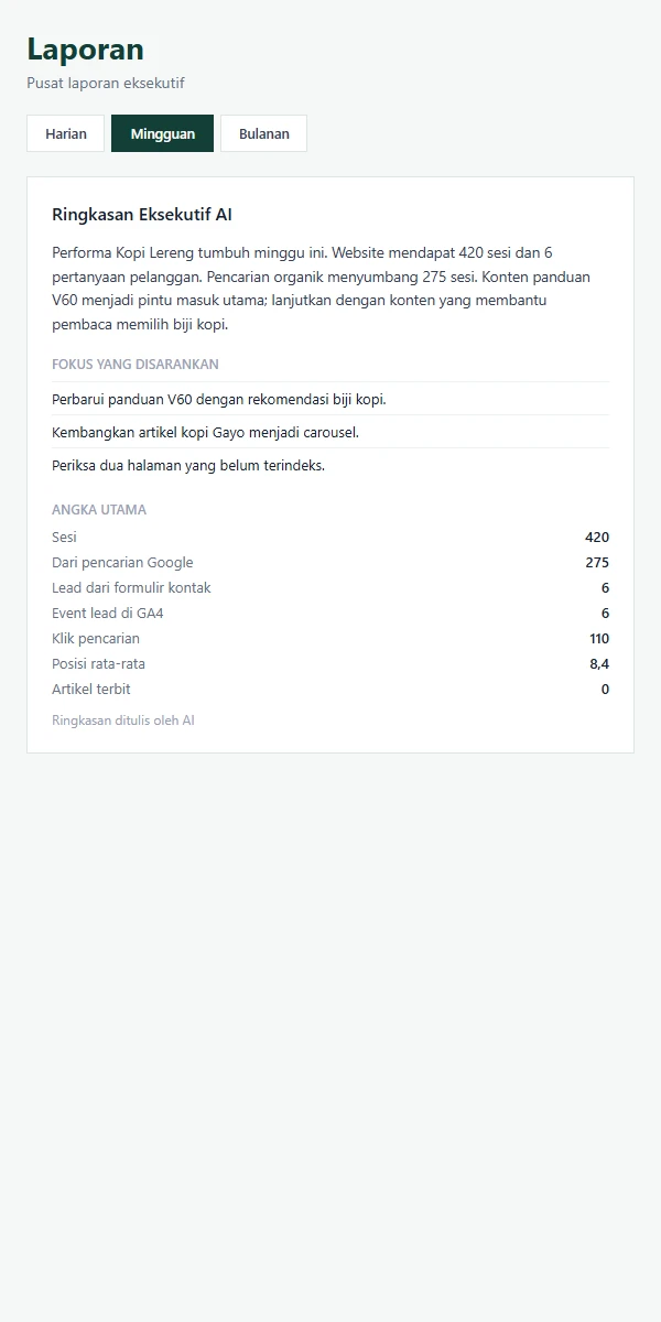 DigmarSpot reports on a mobile screen: AI summary and performance figures for the fictional Kopi Lereng brand.