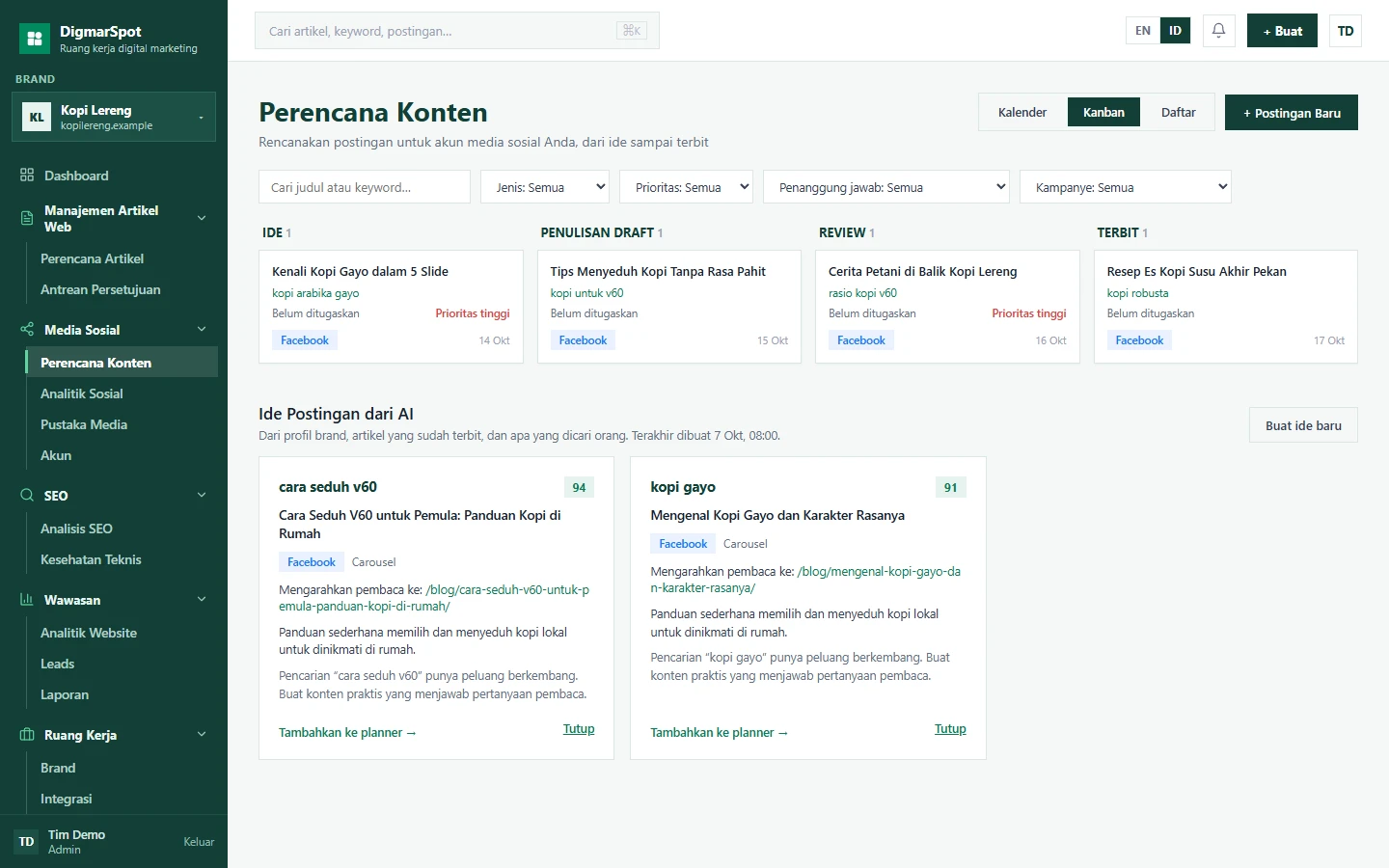 DigmarSpot Social Content Planner with AI post ideas and a content calendar. Fictional Kopi Lereng brand; all data is illustrative.